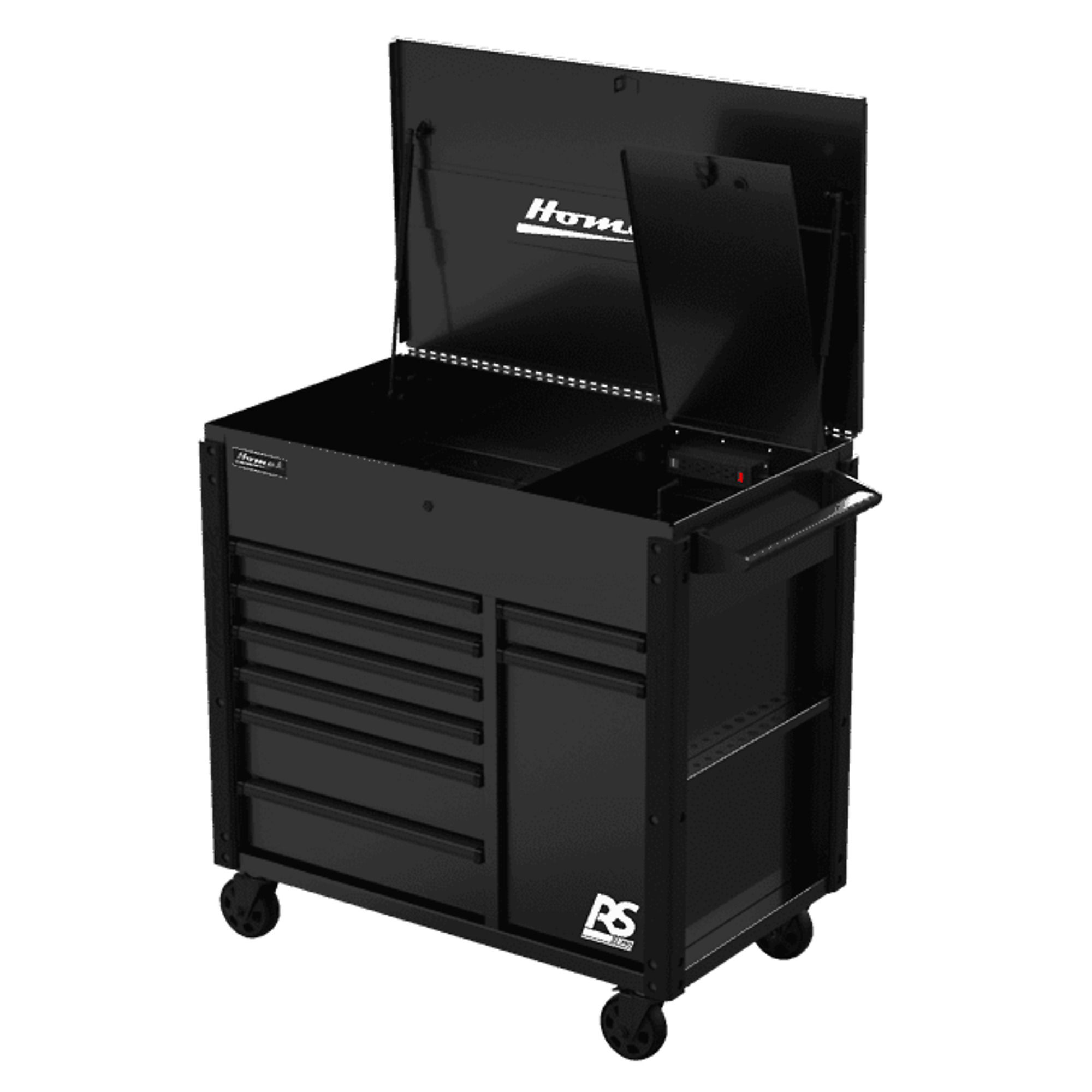 Homak, RS Pro, 44" 8 Drawer Power Service Cart, Black, Heavy-duty 18-gauge steel, Model #BK06044080